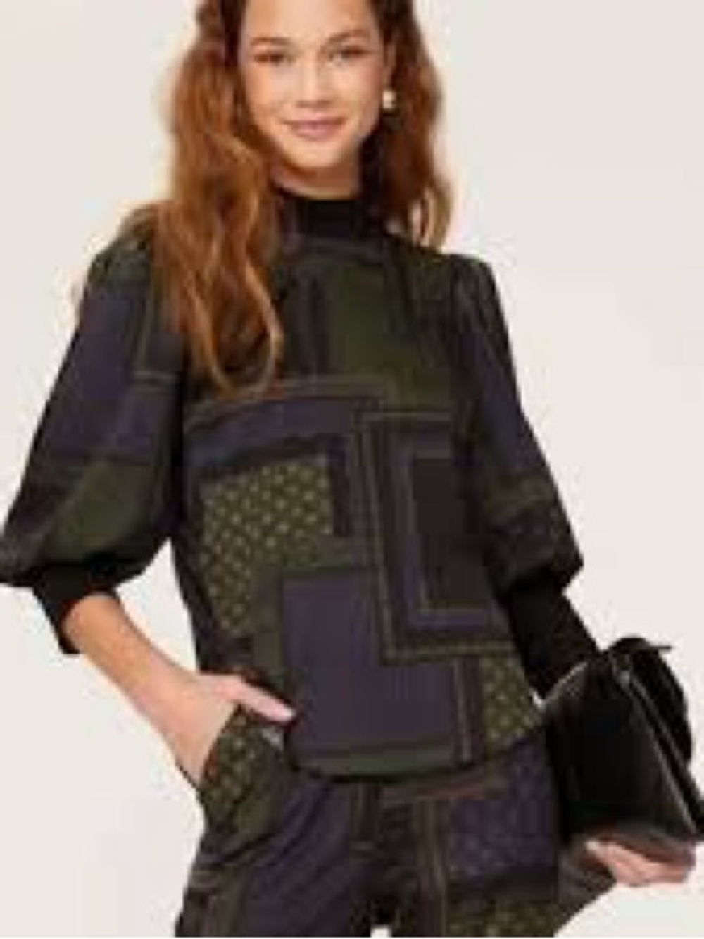 Veronica Beard Green and Black silk Puff-Sleeve